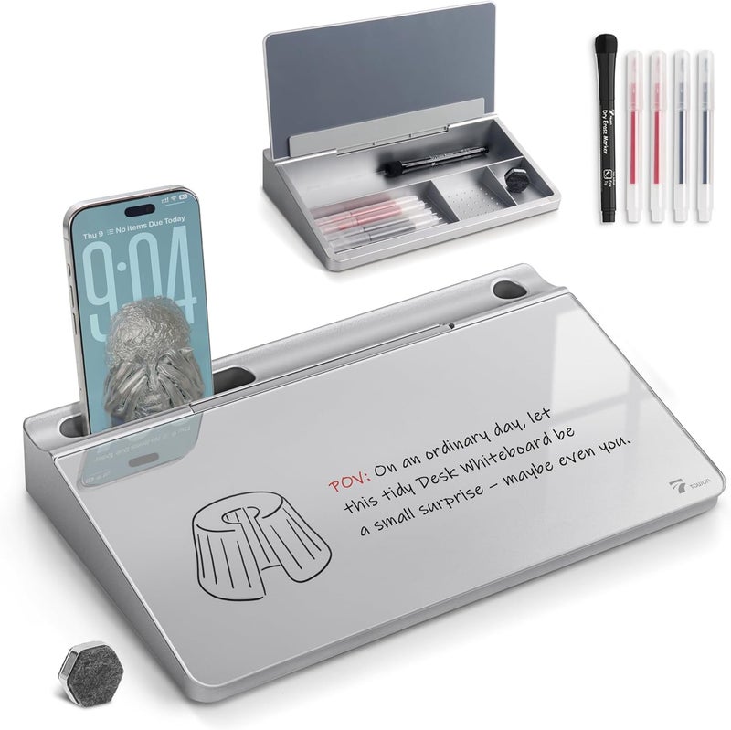 TOWON Small Compact Glass Desktop Whiteboard with Storage – 12 x 7 in Dry Erase Board for Desk, Home Office, School | Includes 5 Markers, Eraser & Holder | Space-Saving Organizer, Metallic Silver - Image 1